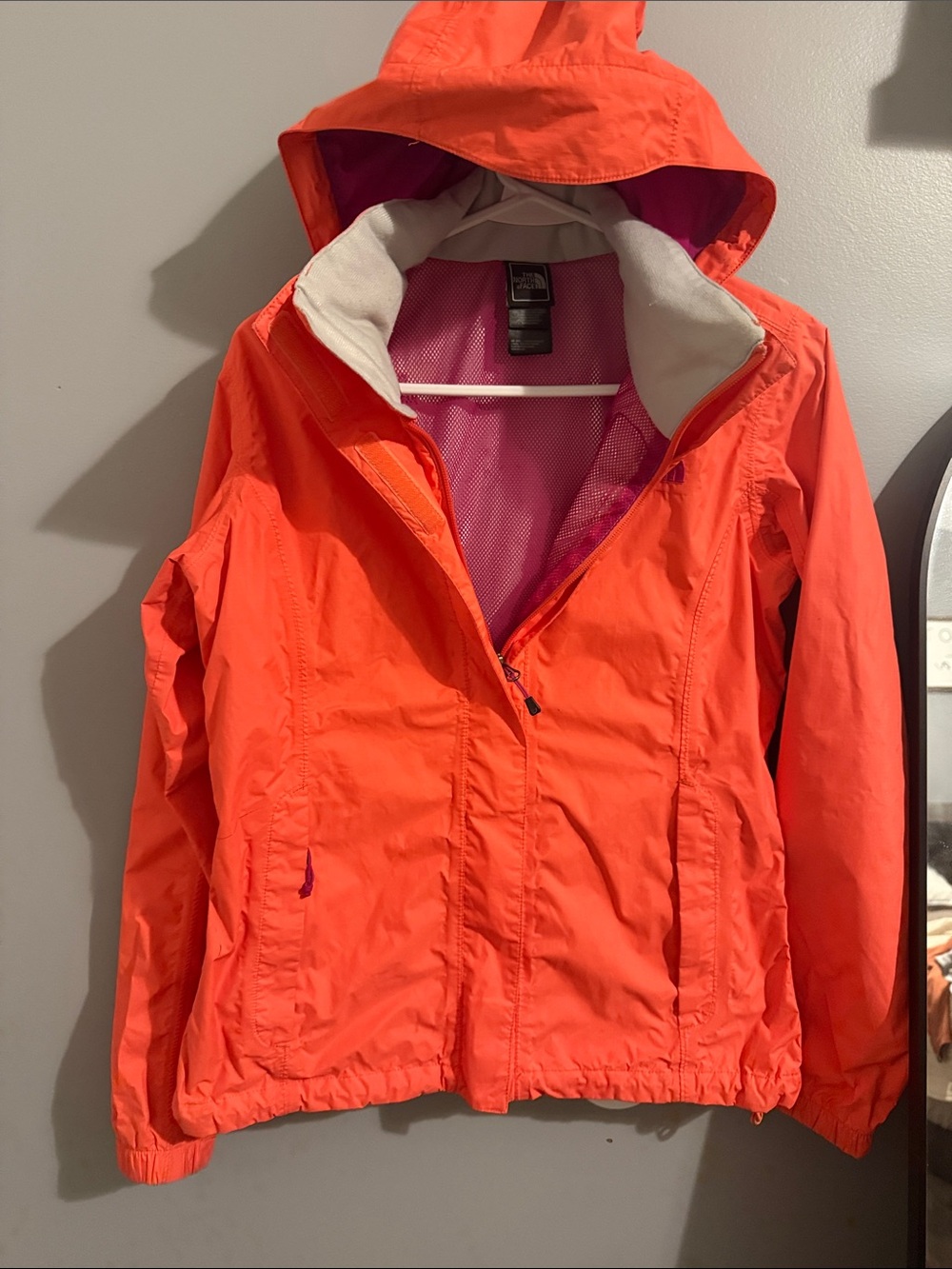 The North Face Women's Bright Orange Hooded Ski Jacket with Pink Lining